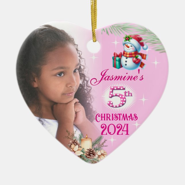 5th Christmas Personalised Girl's Photo Heart Gift Ceramic Tree Decoration (Front)