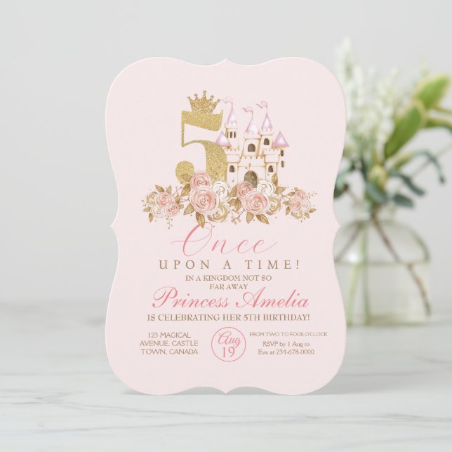 5th Cute Pink Golden Princess Castle Birthday  Invitation (Standing Front)