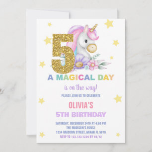 5th Floral Unicorn Birthday Invitations
