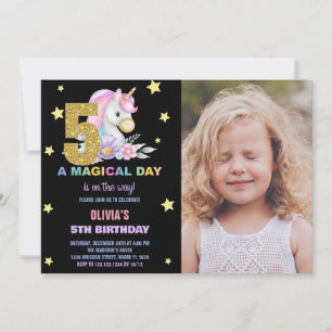 5th Floral Unicorn Birthday Invitations with photo