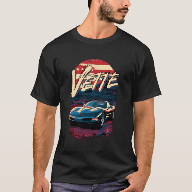5th Gen Vette Car Patriotic American Flag Sunset U T-Shirt (Front)