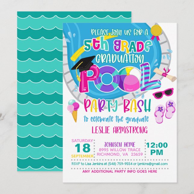 5th Grade Graduation Pool Party - Girl W Invitation (Front/Back)
