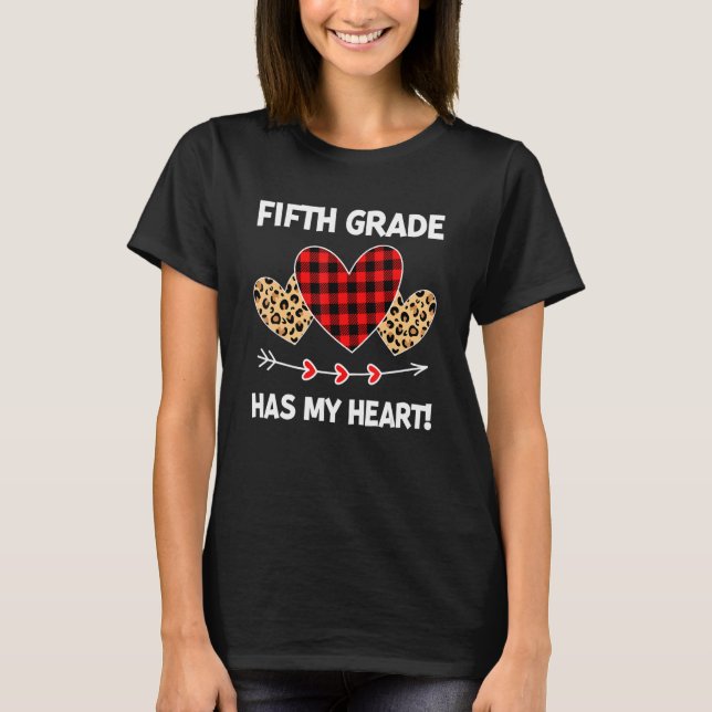 5th Grade Has My Heart Leopard Buffalo Plaid Valen T-Shirt (Front)