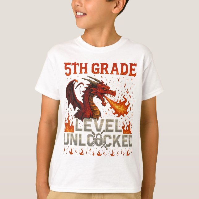5th Grade Level Unlocked Gamer T-Shirt – Pixel Bos (Front)