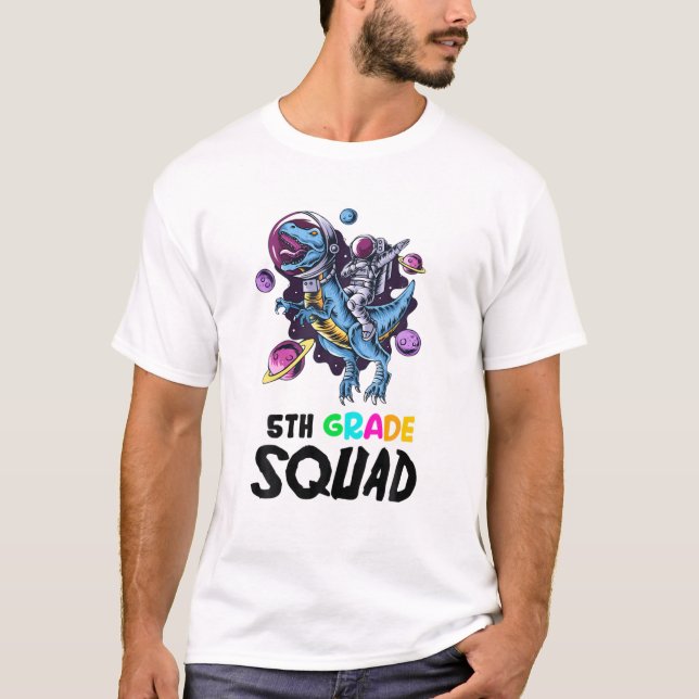 5Th Grade SQUAD Funny Astronaut Riding Rex Teacher T-Shirt (Front)