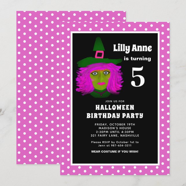 5th Halloween Birthday Party Cute Pink Witch Girls Invitation (Front/Back)