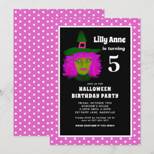 5th Halloween Birthday Party Cute Pink Witch Girls Invitation