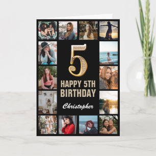 5th Happy Birthday Black and Gold Photo Collage Card
