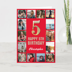 5th Happy Birthday Red and Gold Photo Collage Card