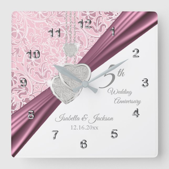 5th Pink Wedding Anniversary Keepsake 2 Square Wall Clock (Front)