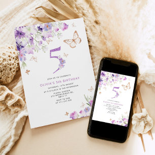 5th Purple Lilac Butterflies birthday Invitation