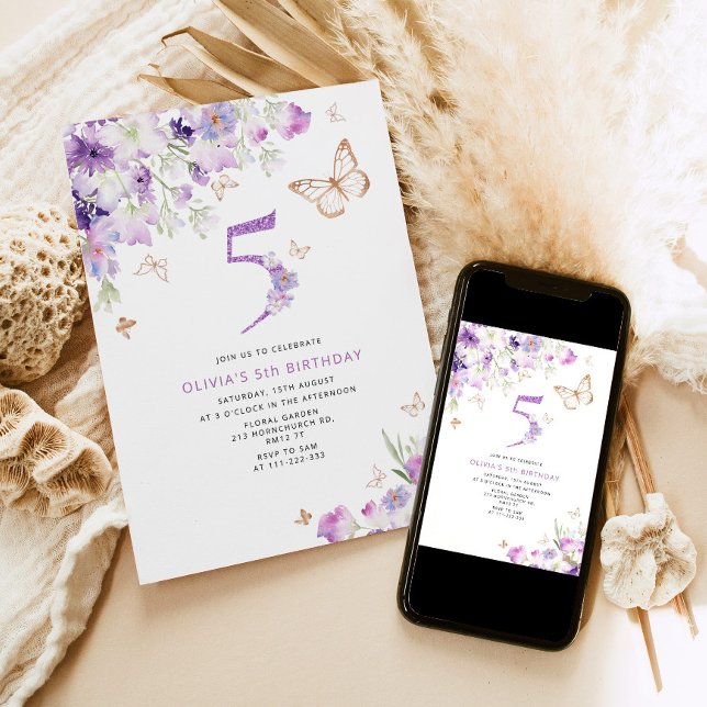 5th Purple Lilac Butterflies birthday Invitation (Creator Uploaded)