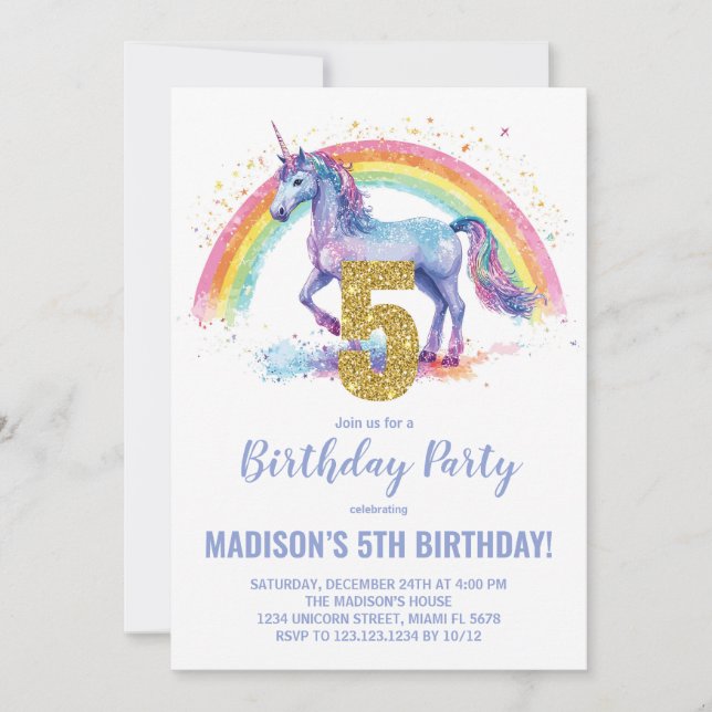 5th Rainbow Unicorn Birthday Invitations (Front)