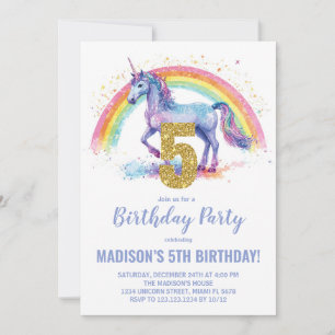 5th Rainbow Unicorn Birthday Invitations
