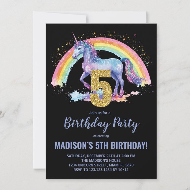 5th Rainbow Unicorn Birthday Invitations (Front)