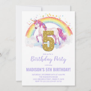 5th Rainbow Unicorn Birthday Invitations