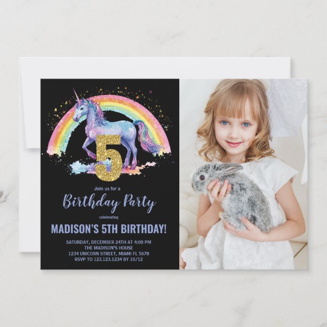 5th Rainbow Unicorn Birthday Invitations photo (Front)