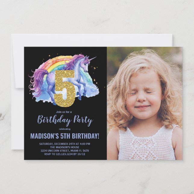 5th Rainbow Unicorn Birthday Invitations photo (Front)