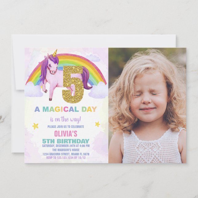 5th Rainbow Unicorn Birthday Invitations photo (Front)