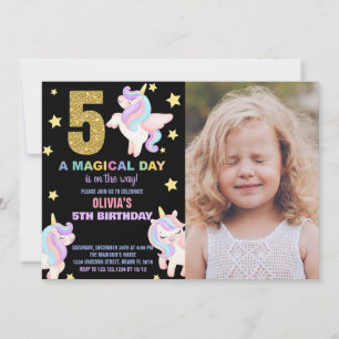 5th Rainbow Unicorn Birthday Invitations w photo