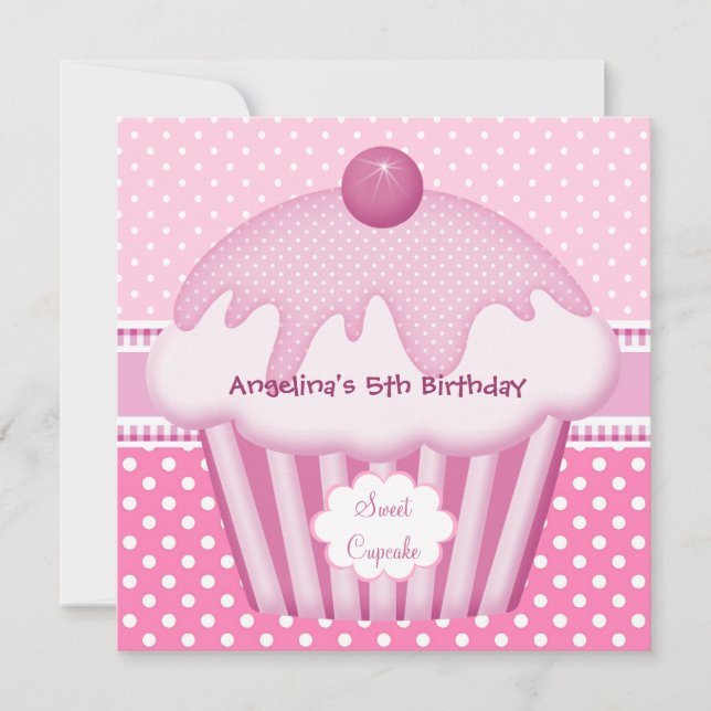 5th Sweet Cupcake White Pink Spots Girls Invitation (Front)