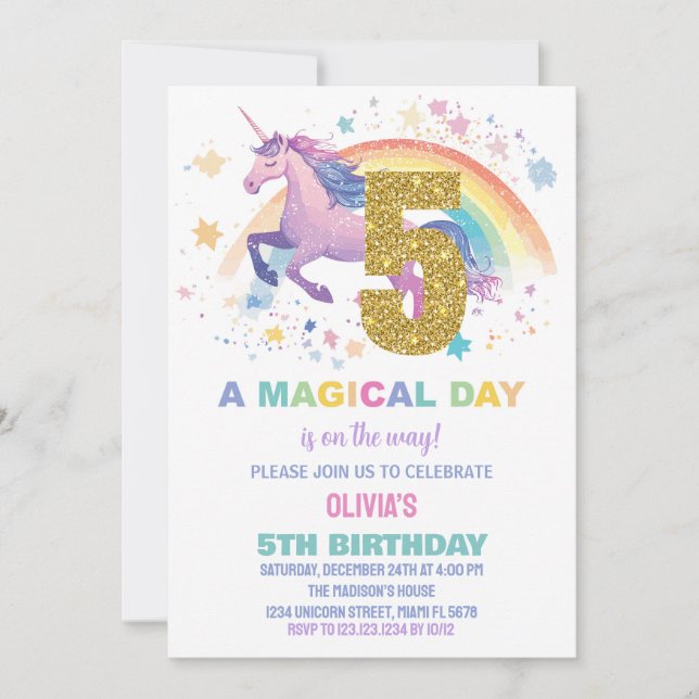 5th Unicorn Birthday Invitations (Front)