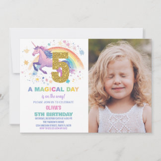 5th Unicorn Birthday Invitations with photo