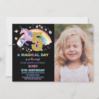 5th Unicorn Birthday Invitations with photo