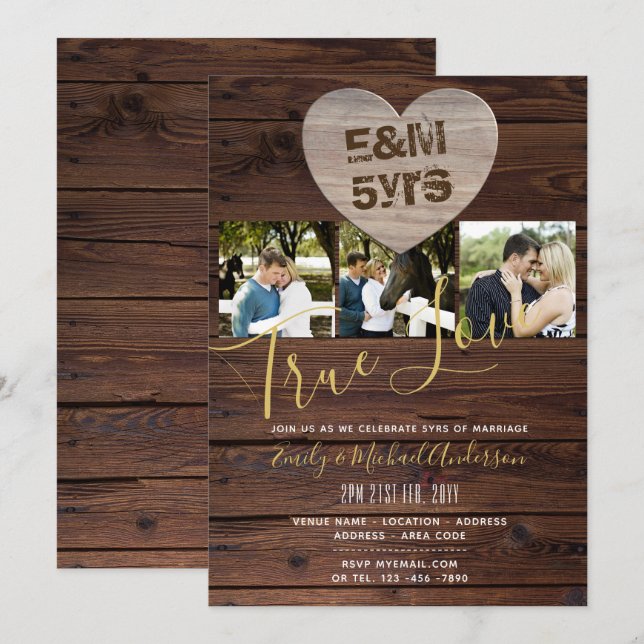 5th Wedding Anniversary - ADD PHOTOS x 3 RUSTIC Invitation (Front/Back)