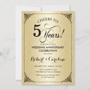 5th Wedding Anniversary - Black Gold Damask Invitation