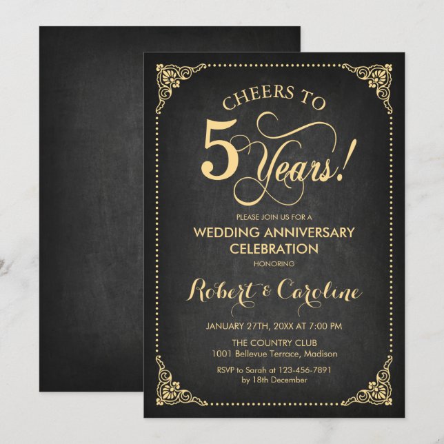 5th Wedding Anniversary - Chalkboard Gold Invitation (Front/Back)