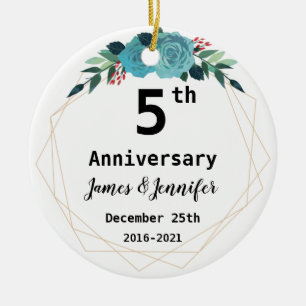5th Wedding Anniversary Custom Names and Year Ceramic Tree Decoration