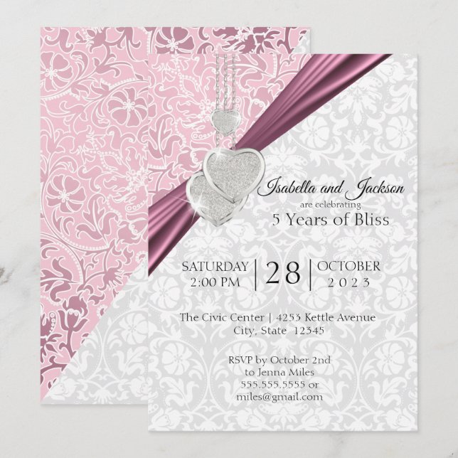 5th Wedding Anniversary Design - Pink Invitation (Front/Back)