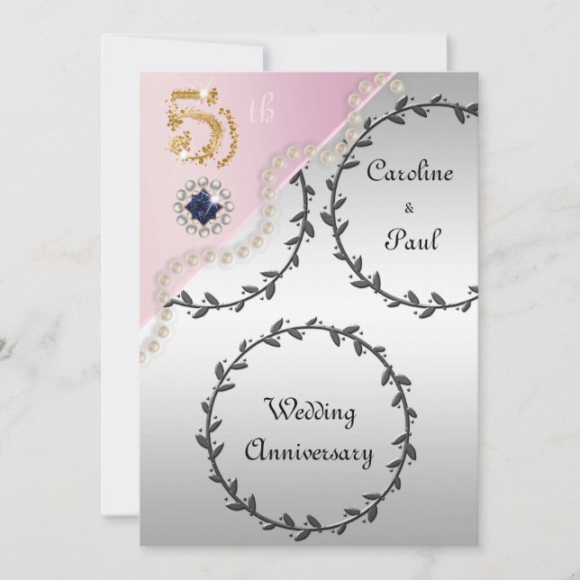 5th Wedding Anniversary Embossed Silver, Rose Gold Invitation (Front)
