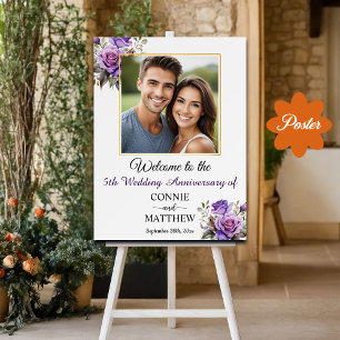 5th Wedding Anniversary Gold Frame Purple Roses Poster
