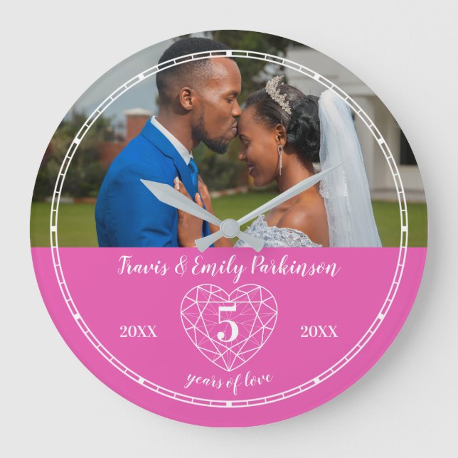5th Wedding Anniversary heart Pink Tourmaline Large Clock (Front)