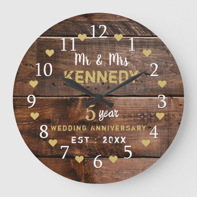 5th Wedding Anniversary  Mr And Mrs Rustic Wood  Large Clock (Front)