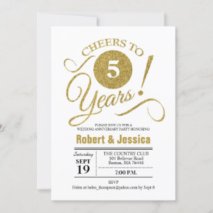 5th Wedding Anniversary Party - Gold White Invitation