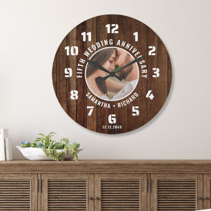 5th Wedding Anniversary Photo Rustic Pallet Wood   Large Clock