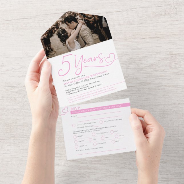 5th Wedding Anniversary pink meal RSVP photo All In One Invitation (Tearaway)