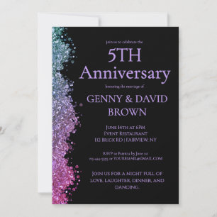 5th Wedding Anniversary Pink Purple Faux Glitter  Invitation