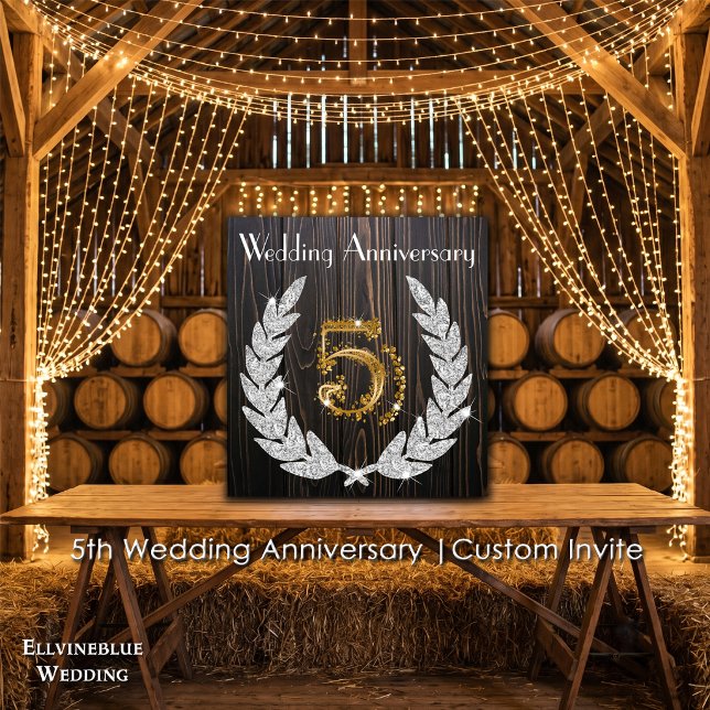 5th Wedding Anniversary | Rustic Wood & Gold Invitation (5th Wedding Anniversary Invite | Rustic Wood & Diamond Laurel. Size: 5.25” x 5.25”)