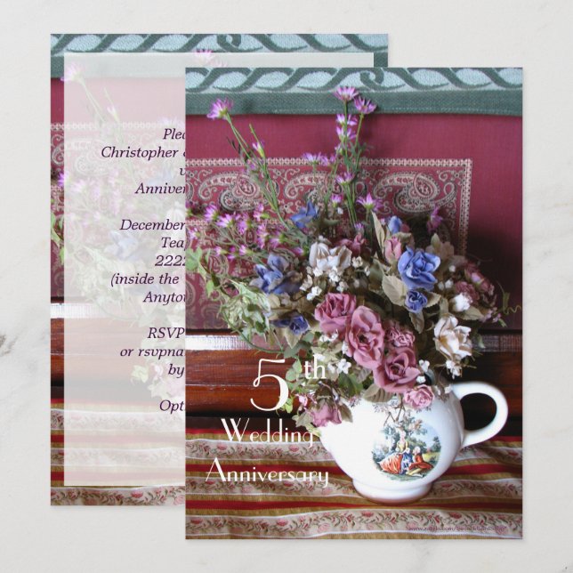 5th Wedding Anniversary, Vintage Teapot, Purple  Invitation (Front/Back)
