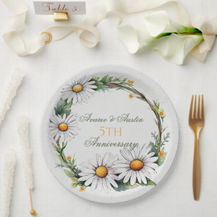 5th Wedding Anniversary White Daisies  Paper Plate