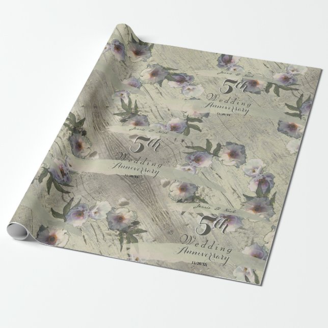 5th Wedding Anniversary Wood Floral Wrapping Paper (Unrolled)