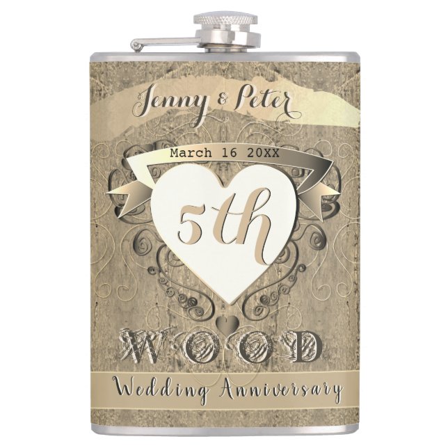 5th Wedding Anniversary "Wood"      Hip Flask (Front)