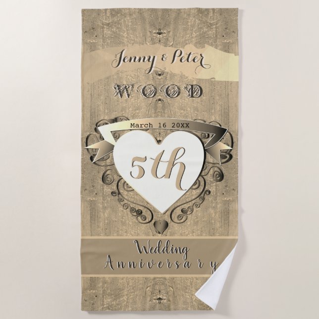 5th Wedding Anniversary Wood (Image) Beach Towel (Front)