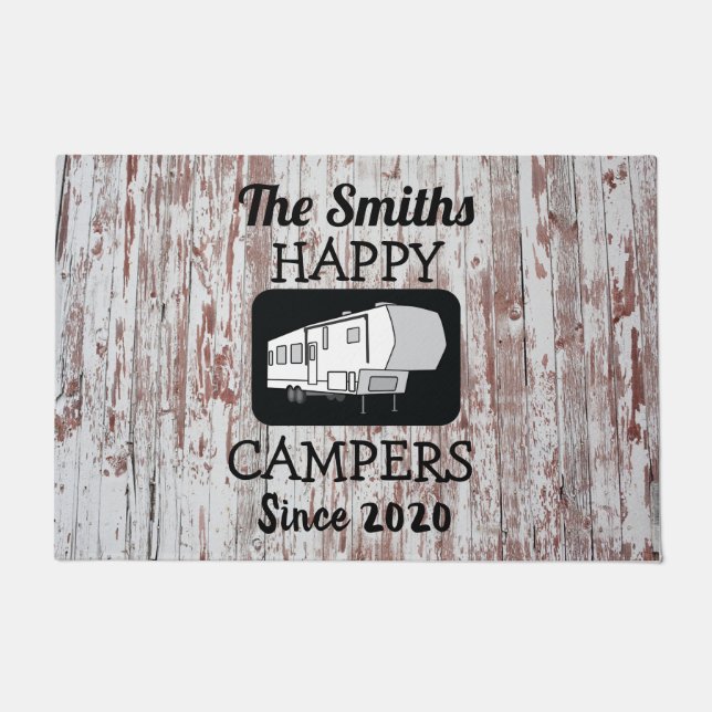 5th Wheel Camp Doormat with Barnwood Background (Front)