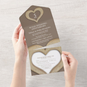 5th wood heart wedding anniversary brown all in one invitation