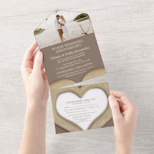 5th wood heart wedding anniversary photo brown all all in one invitation